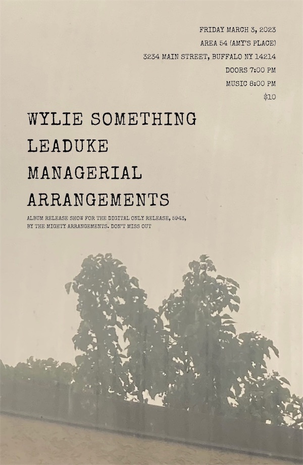 poster design for a show that happened on 2023-03-03 featuring Wylie Something, Leaduke, Arrangements, Managerial at the Amy's Place in Buffalo NY